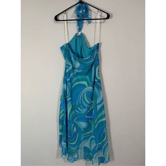 Abstract Retro Blue Swirl Halter Midi Dress Rabbit Rabbit Rabbit 12 - Picture 5 of 8